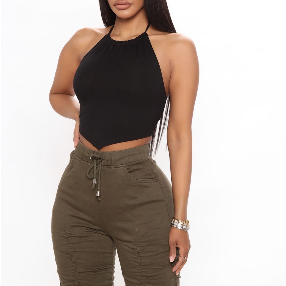 Medium size black halter crop top
